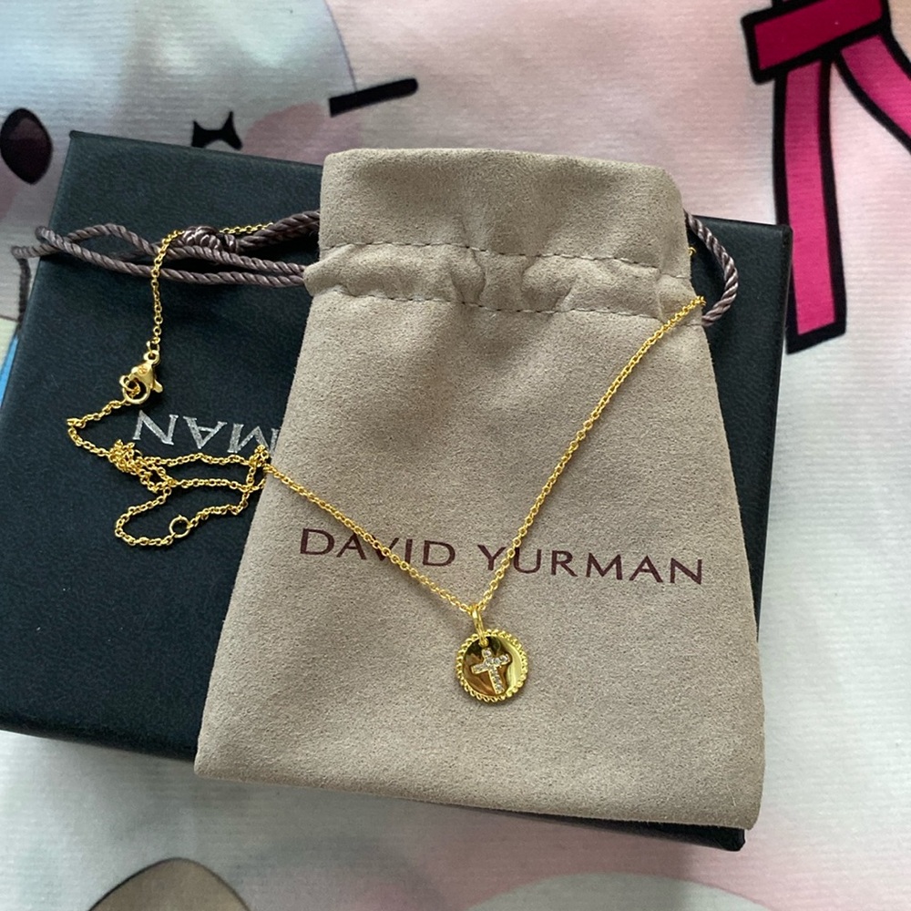 David Yurman 18k Yellow Gold Cross Necklace With Pave Diamonds